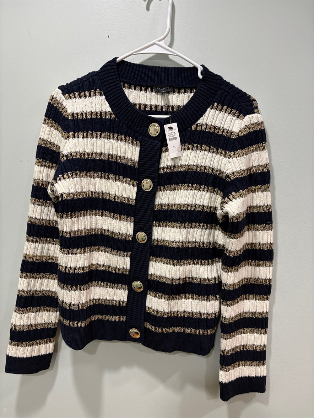 Striped Navy and Cream Ribbed Button-Front Sweater - Talbots. Brand new!